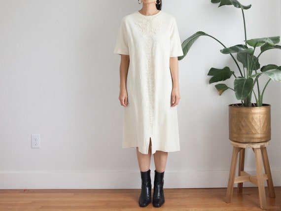 60s cream dress / below knee / back zipper shirt d