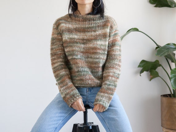 50s 60s hand knit olive green mohair blend sweater