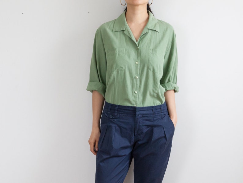 green silk blouse 34 sleeve top 90s loose fit blouse breast pockets size xl fits s-xl