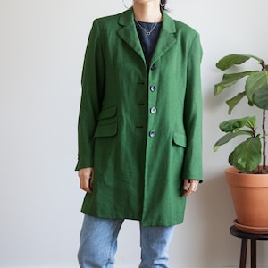 90s vintage minimal green long blazer coat / lined / size 8 S-M