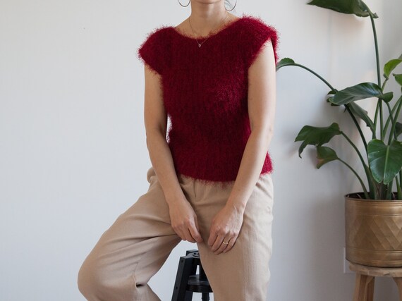 cranberry red fuzzy knit vest / sleeveless top / f