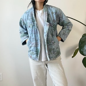 vintage blue denim print puffer jacket / kid youth size M 10/12