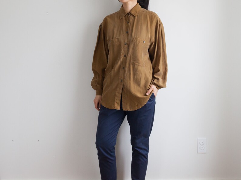 brownish silk blouse 90s blouse loose fit minimalist size s fits s m
