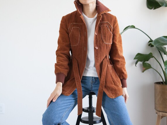 70s brown corduroy jacket coat / waist belt, pocke