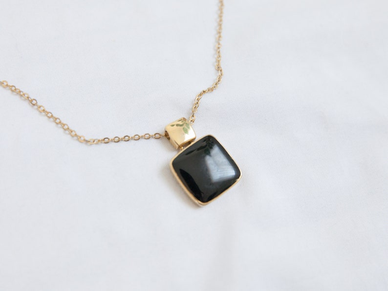 vintage gold tone necklace with black square pendant adjustable length total length 18