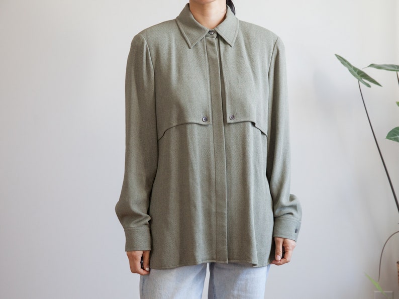 90s slate-green tone oversized button down shirt / size 12 or L image 1