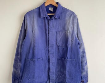 Vintage French blue faded chore jacket / aged and distressed / size 46 fits like L