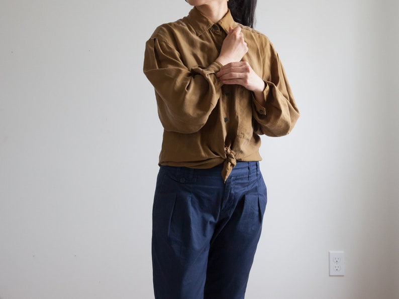 brownish silk blouse 90s blouse loose fit minimalist size s fits s m