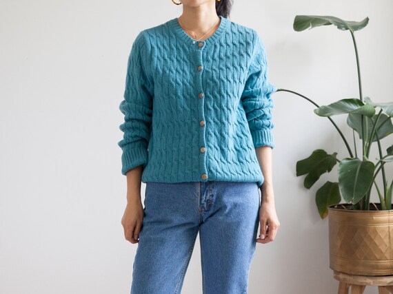 teal cardigan cable knit cardigan sweater / wool s