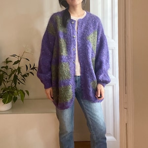 Vintage purple mohair blend handknit cardigan sweater / fits like xl