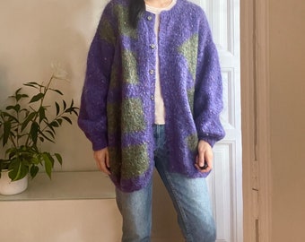 Vintage purple mohair blend handknit cardigan sweater / fits like xl