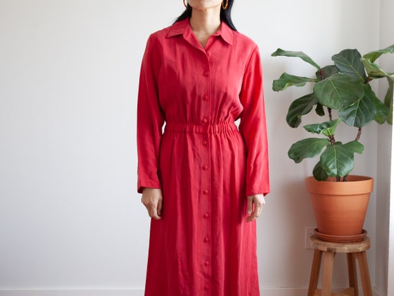 minimal full length red button down dress / fits … - image 1