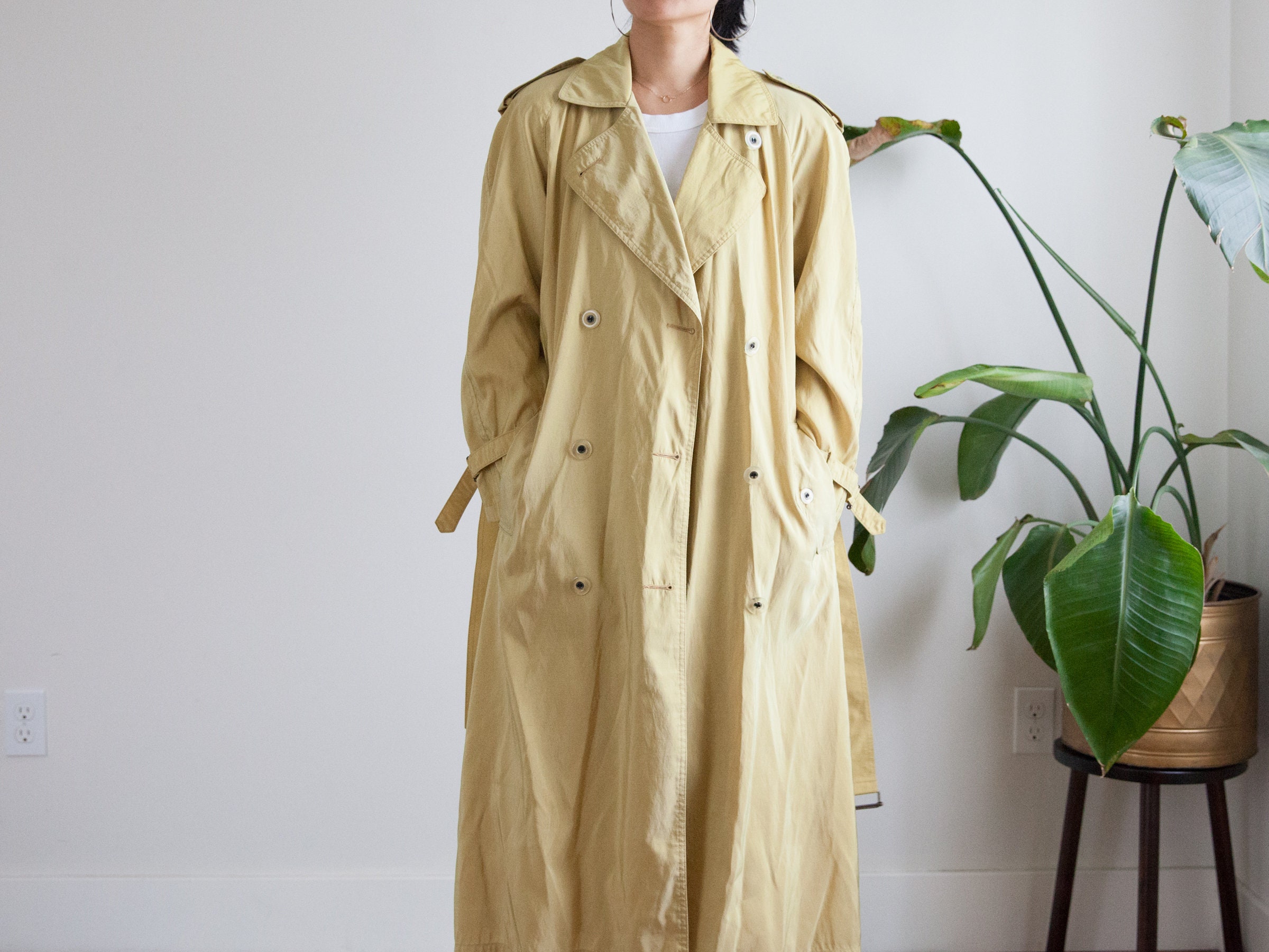 90s Yellow Double Breasted Trench Coat 