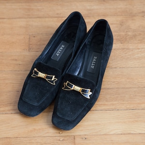 vintage Bally black suede ribbon loafer block heels / 5 US 35 EU