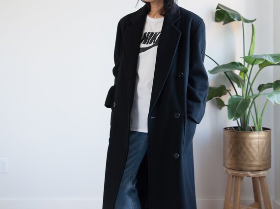 vintage 90s long black wool trench coat / double b