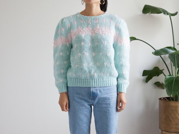 beautiful 80s baby blue pink puff sleeve knit swea