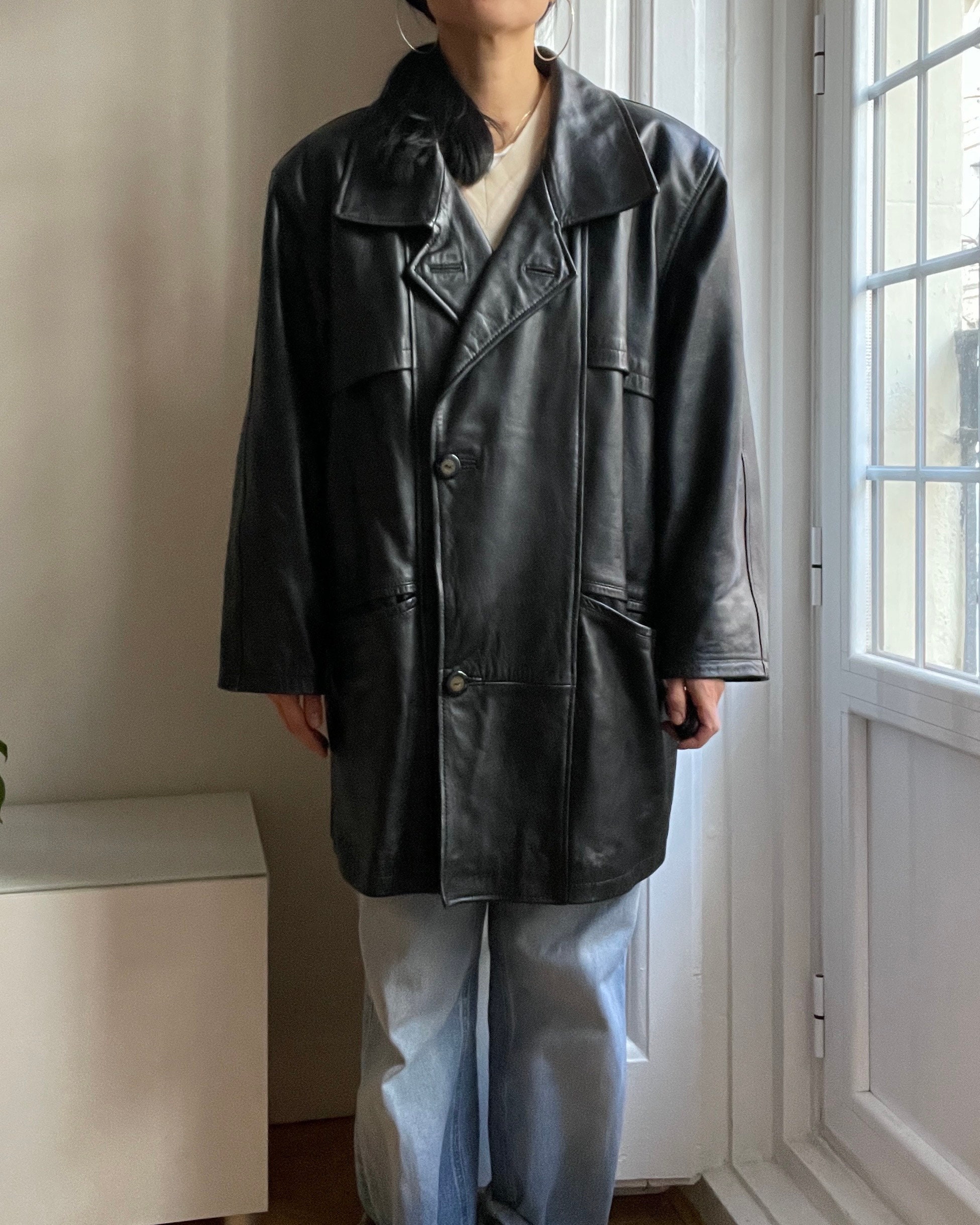 ジャケット・アウター 90s vintage Tailored Jacket Mat Black 90s Vintage Black Soft Leather Jacket Blazer Coat / Boxy