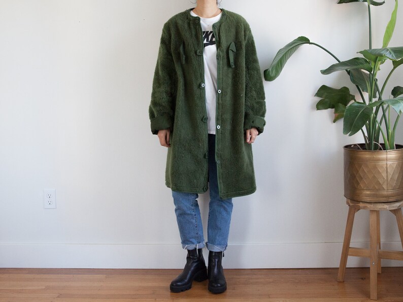 vintage green army liner coat European liner fuzzy faux fur lining reversible unisex fits like L-XL