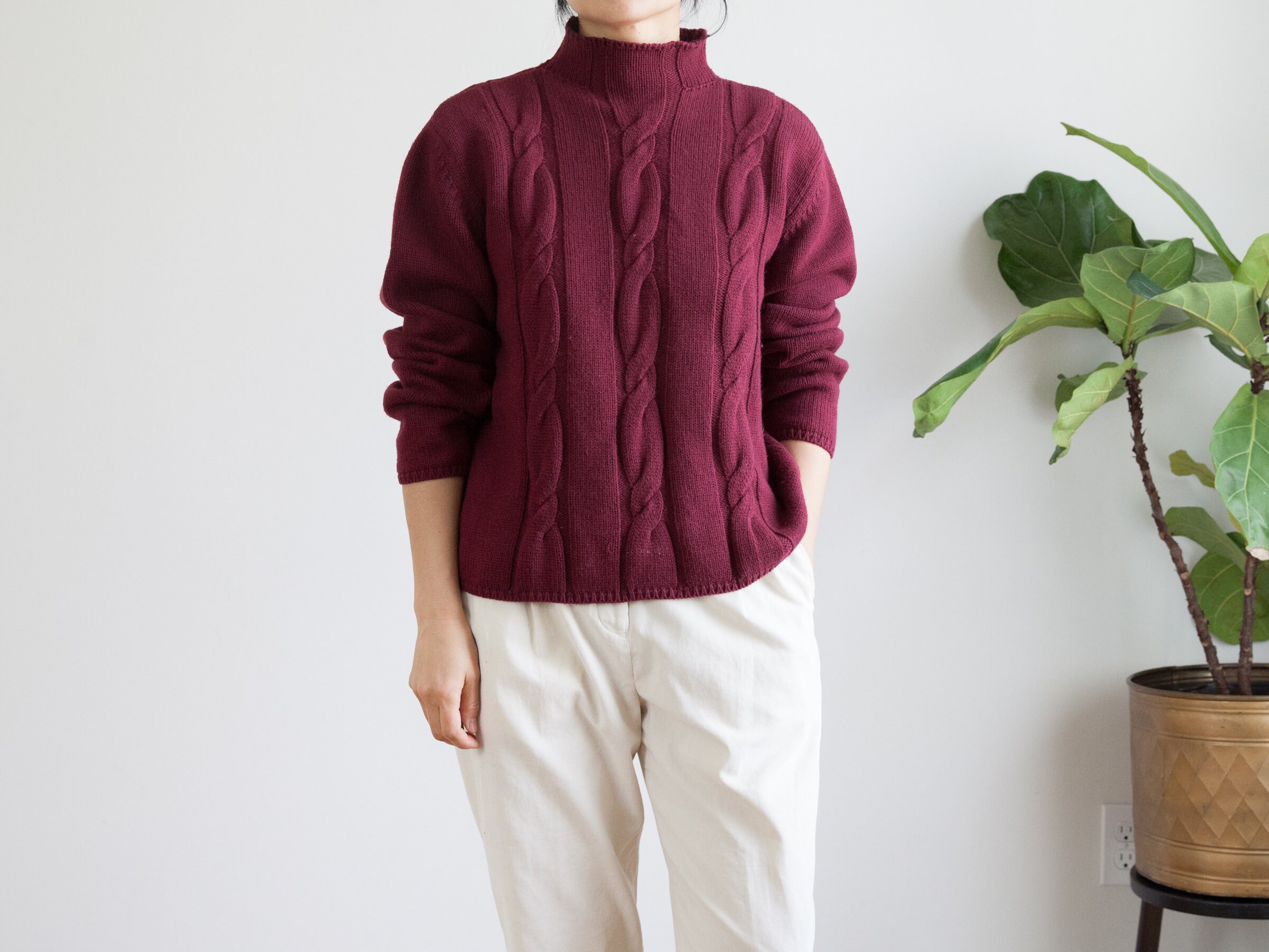 Wine Red Cable Knit Sweater / Maroon 