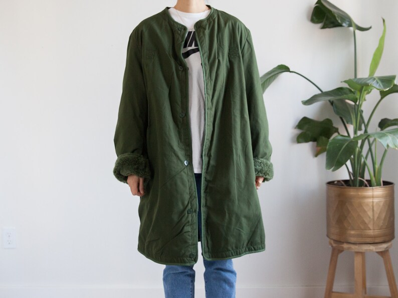 vintage green army liner coat European liner fuzzy faux fur lining reversible unisex fits like L-XL