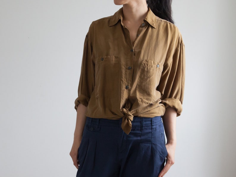 brownish silk blouse 90s blouse loose fit minimalist size s fits s m