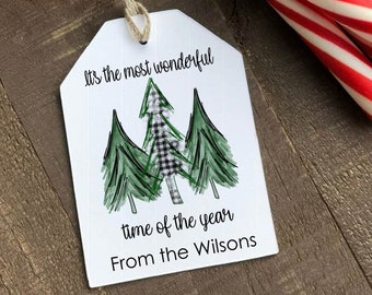 Christmas Tree Tags, green black and white buffalo plaid, Custom Gift Tags, Printed, Set of 24