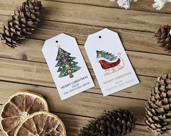 Personalized Watercolor Christmas Gift Tags – Holiday Pattern, Set of 16