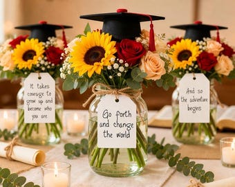 Etiquetas para centros de mesa de graduación y birretes de graduación - Etiquetas de graduación inspiradoras - Decoraciones de graduación - 8 etiquetas y birretes impresos