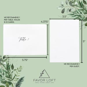 Puede incluir: Tarjeta de n&uacute;mero de mesa blanca con caligraf&iacute;a negra que dice "Mesa 1". La tarjeta mide 14,6 cm por 11,1 cm. La tarjeta se muestra junto a una tarjeta blanca m&aacute;s grande que mide 12,7 cm por 8,9 cm. La tarjeta m&aacute;s grande tiene el texto "Recomendamos 1 por invitado".
