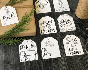 Scandinavian Christmas tags,  Assorted gift tags for Christmas, minimalist black and white holiday gift tags, SET of 16 printed gift tags