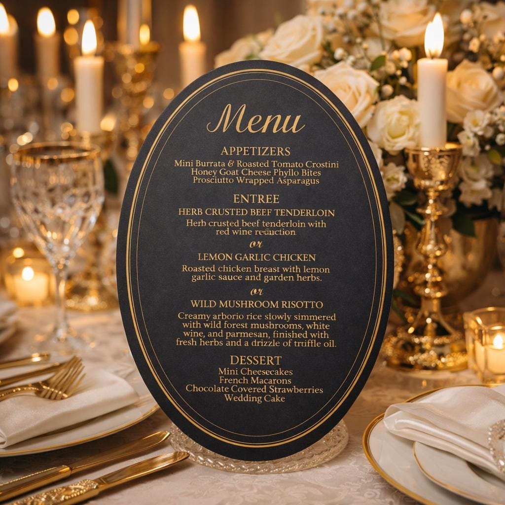 Modern Luxe Wedding Menu Cards, Black Gold Oval