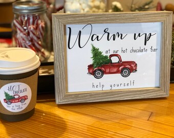 Hot Chocolate Bar Sign, 5x7 Printed Art for your Hot Cocoa or Coffee Buffet, Vintage Christmas Truck