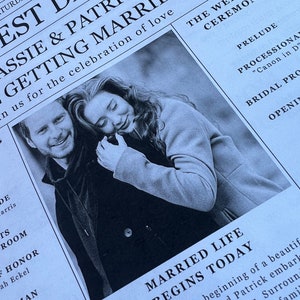 May include: A black and white wedding program with the headline "Cassie & Patrick Getting Married!" and a photo of the couple. The program includes details about the ceremony, such as the prelude and processional.