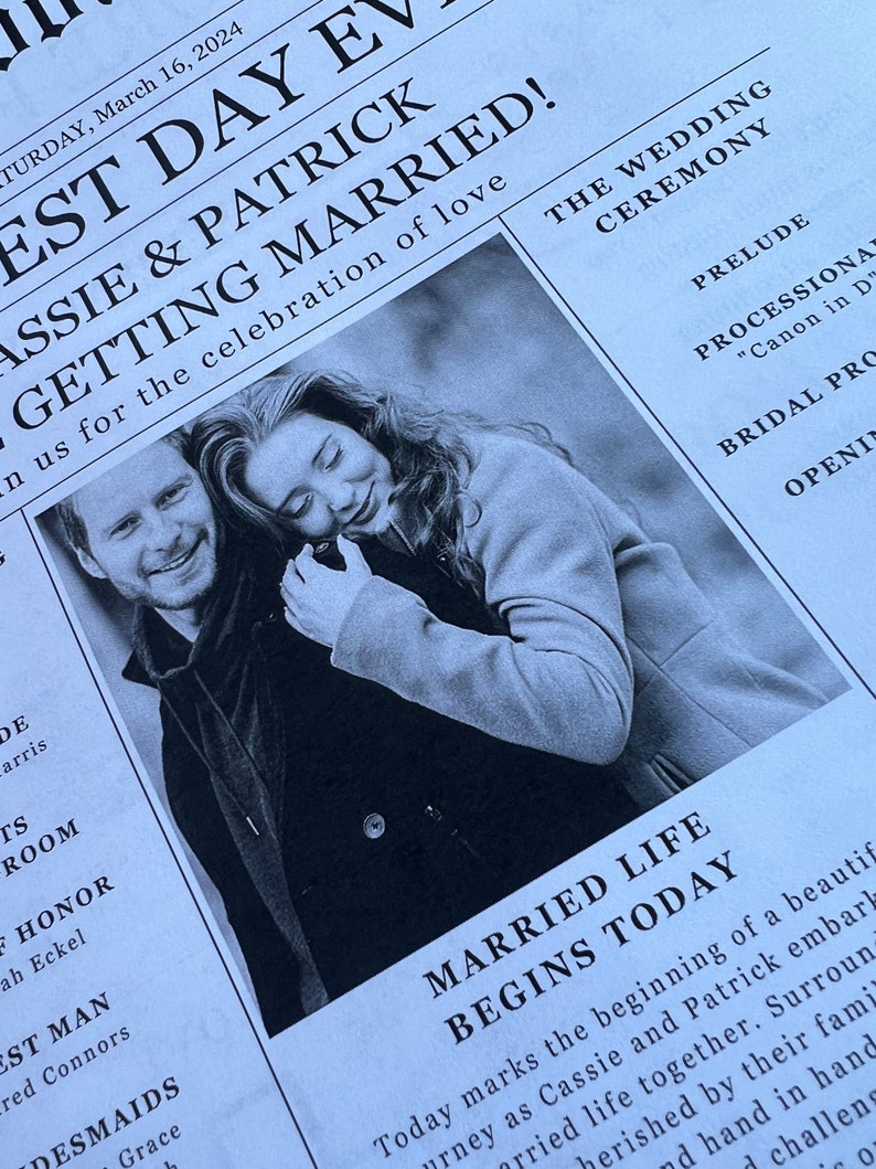 May include: A black and white wedding program with the headline "Cassie & Patrick Getting Married!" and a photo of the couple. The program includes details about the ceremony, such as the prelude and processional.