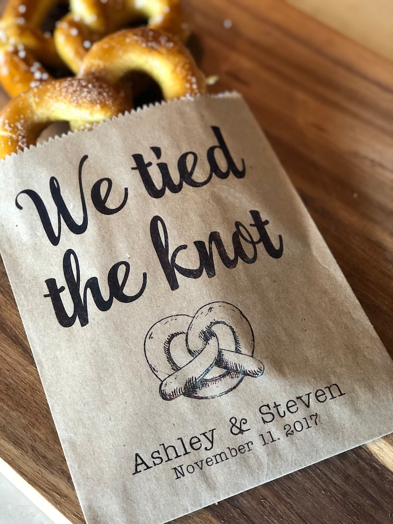 We tied the Knot Pretzel Bags, Waxed Pretzel Bags, Pretzel sleeves, Wedding Snack Bags, Wedding Favors, Food Truck Bags, set of 25 image 1