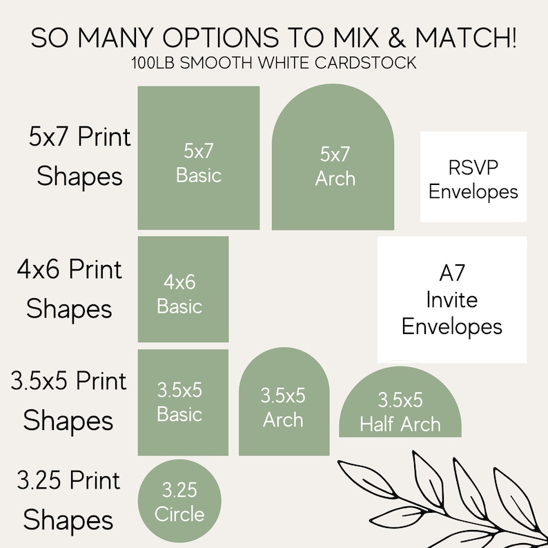 100lb invitation printing service. 5x7 rectangle, and arch. 3.5x5 rectangle, and arch. 3.25 Circle Shape. Printed on 100lb smooth white cardstock.