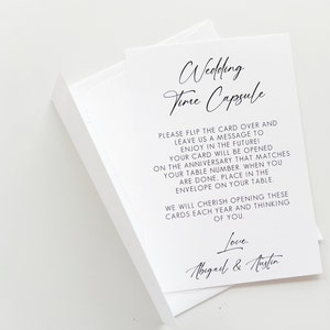 Puede incluir: Tarjeta blanca con texto negro que dice "Wedding Time Capsule". La tarjeta instruye a los invitados a escribir un mensaje para la pareja para abrir en su aniversario. La tarjeta est&aacute; firmada "Love, Abigail & Austen".
