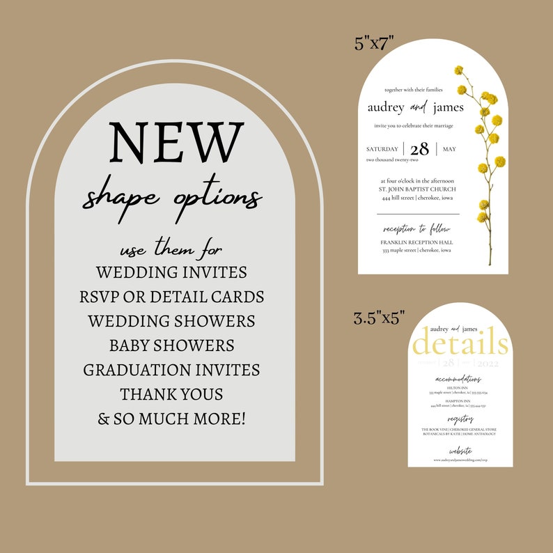 May include: A graphic design template for wedding invitations, RSVP cards, and other events. The template features a new shape option, an arch, with the text "NEW shape options" and "use them for" followed by a list of event types. The image also shows two example invitations with the text "audrey and james" and "details".