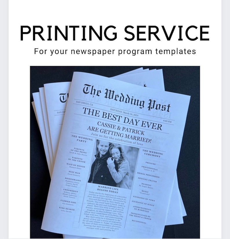 May include: A stack of wedding newspaper programs with the headline "The Wedding Post" and the text "The Best Day Ever." The programs feature a photo of a couple and wedding details. The top text reads "PRINTING SERVICE."