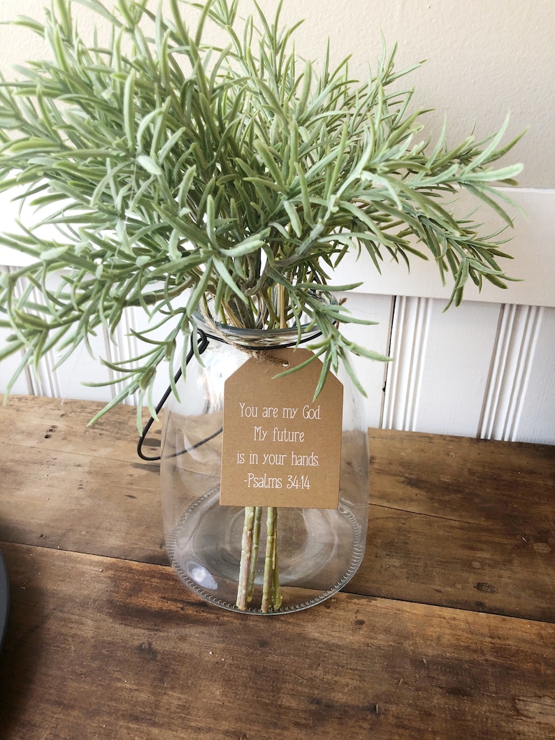 Pu&ograve; includere: Un vaso di vetro trasparente con un'etichetta marrone su cui &egrave; scritto "You are my God. My future is in your hands. - Psalms 34:14" e un mazzo di steli verdi e fogliacei.