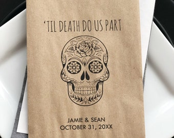 Bolsas de regalo de boda de Halloween con diseño de calavera de azúcar, "Hasta que la muerte nos separe", juego de 25