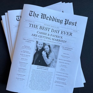 May include: A stack of wedding newspapers titled "The Wedding Post" with the headline "The Best Day Ever." The newspaper includes the names Cassie & Patrick, wedding party details, and ceremony information. The date is Saturday, March 16, 2024.