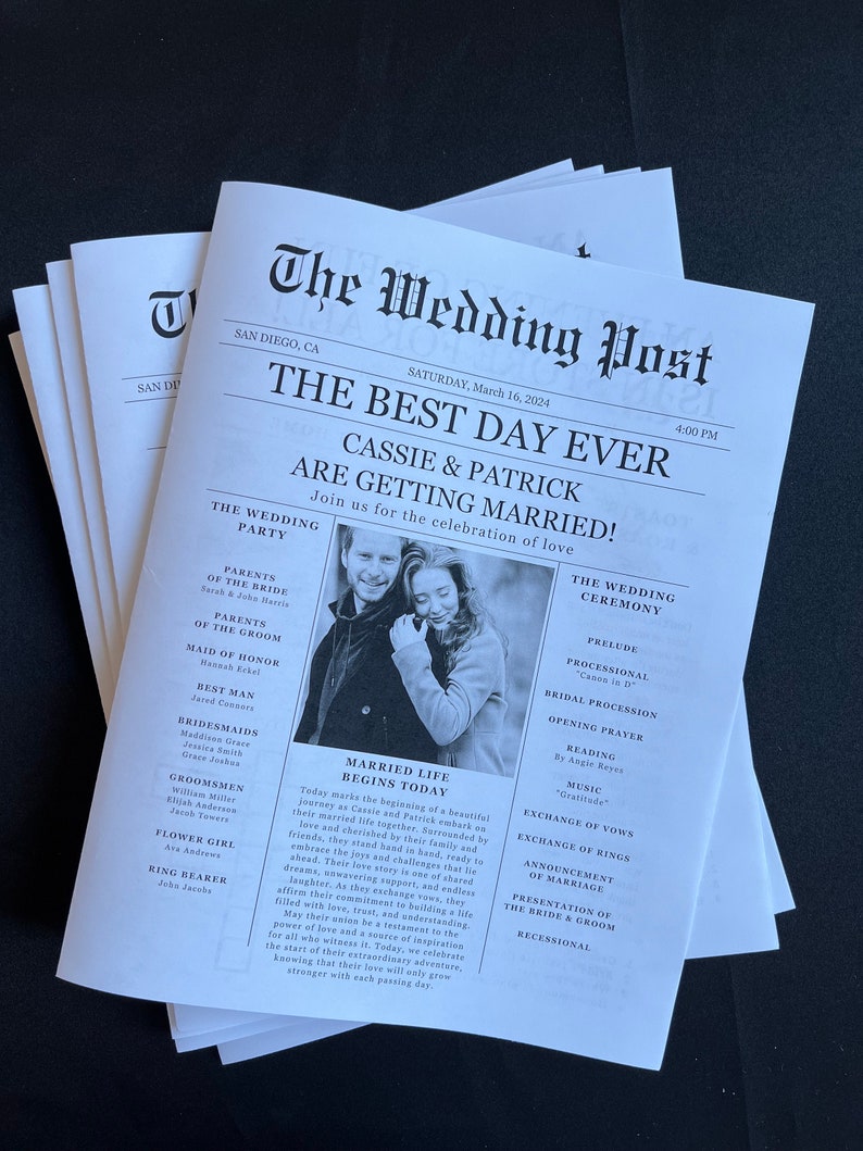 May include: A stack of wedding newspapers titled "The Wedding Post" with the headline "The Best Day Ever." The newspaper includes the names Cassie & Patrick, wedding party details, and ceremony information. The date is Saturday, March 16, 2024.