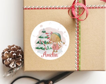 Personalized Christmas labels - Christmas elf seals- custom holiday gift labels - gift tags for girls - sets of 12