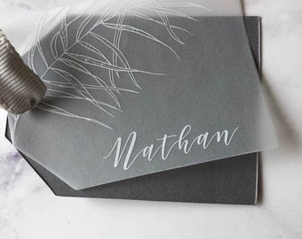 Vellum Wedding Place Cards  | Palm Branch Place Card Tags | Event Place Card | Minimalist | Grey Gray | Black | White | Weddings set of 20