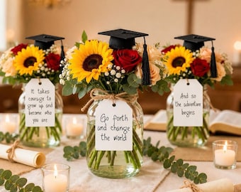 Graduation Centerpiece Tags and Grad Hats - Inspirational Graduation Tags - Graduation Decorations - 8 PRINTED Tags & Grad Hats
