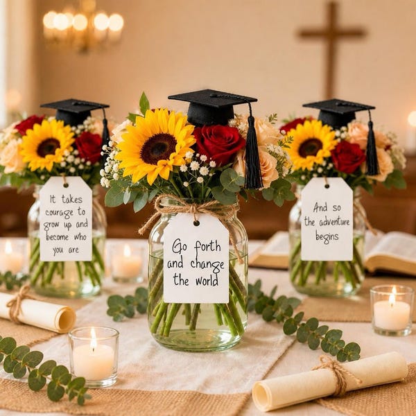 Graduation Centerpiece Tags and Grad Hats - Inspirational Graduation Tags - Graduation Decorations - 8 PRINTED Tags & Grad Hats