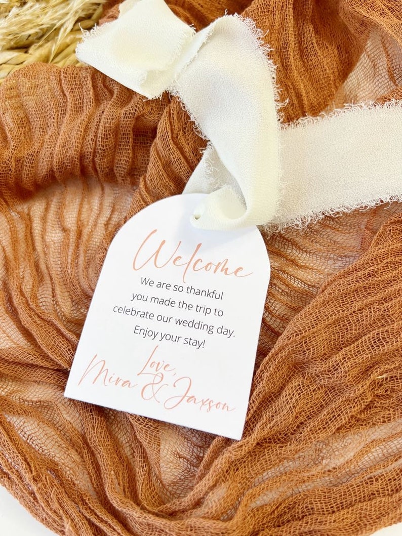 Printed Wedding Welcome Bag Tags, Boho Wedding Gift Tags, Tote Bag Tags for Hotel, Destination Wedding Guest Gift, Arch Shape Gift Bag, 24 image 5