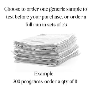 May include: A stack of printed papers, possibly newspapers or documents, with visible text. The image includes text that reads "Choose to order one generic sample to test before your purchase, or order a full run in sets of 25." An example is also provided.