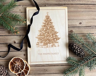 Personalized Christmas Card Album: Engraved Birch Wood Holiday Keepsake